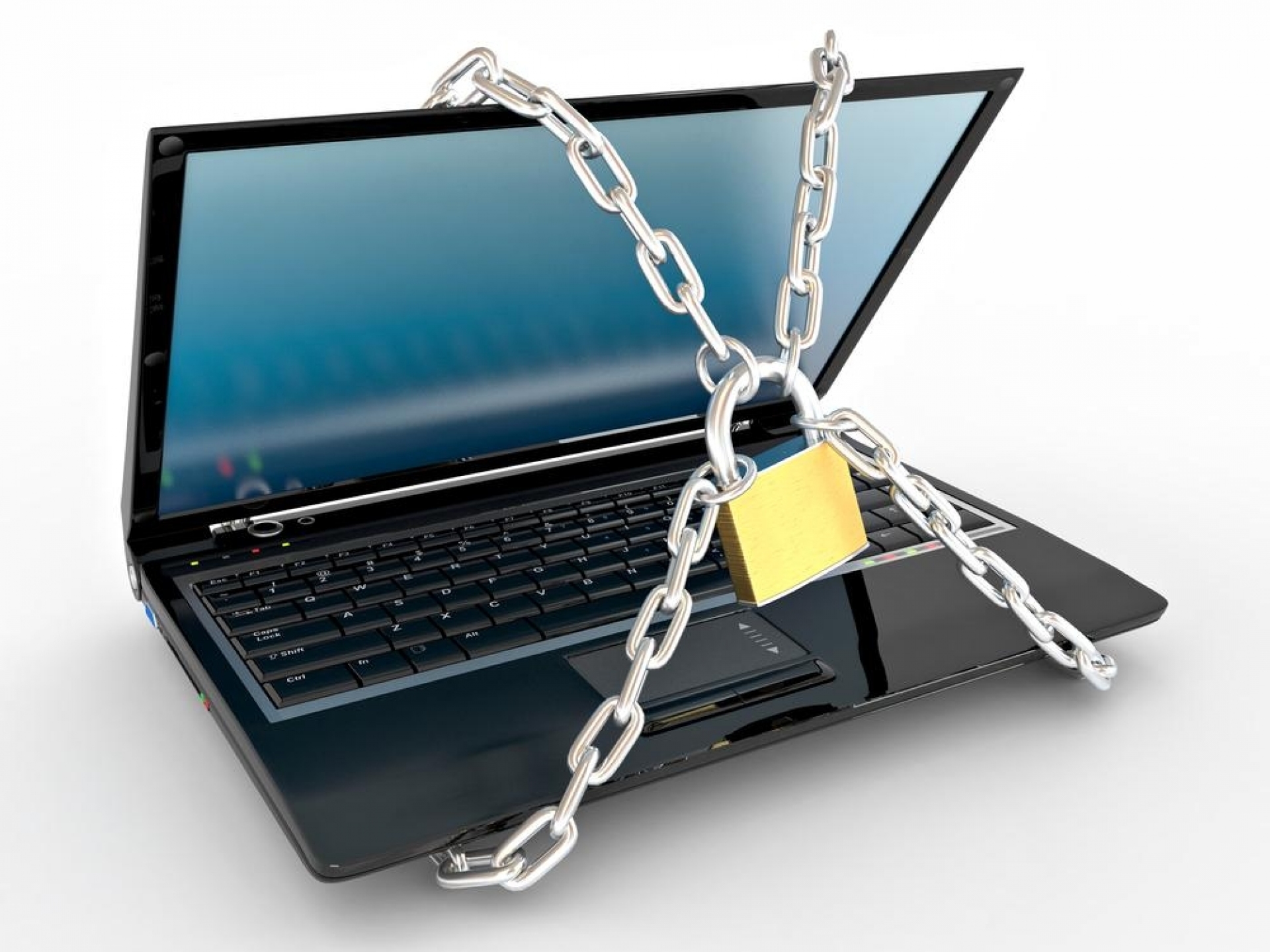 Безопасность и конфиденциальность данных. Защита компьютера. Ноутбук под замком. Компьютер с замком. Компьютер в цепях.